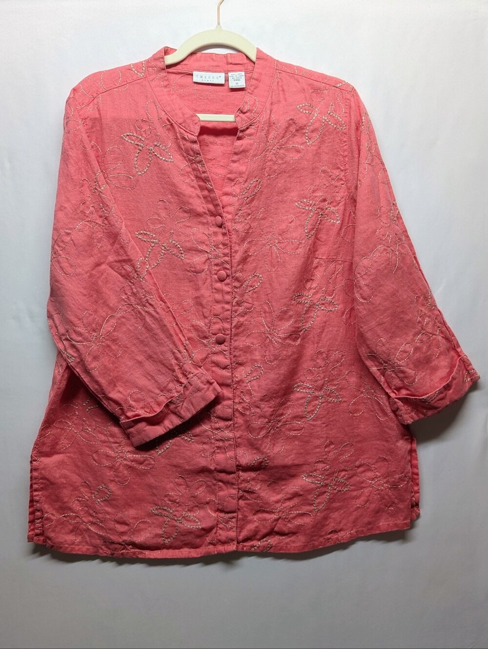 517-Tweeds 💯 Linen‎ Coral Embroidered Button-Front Tunic